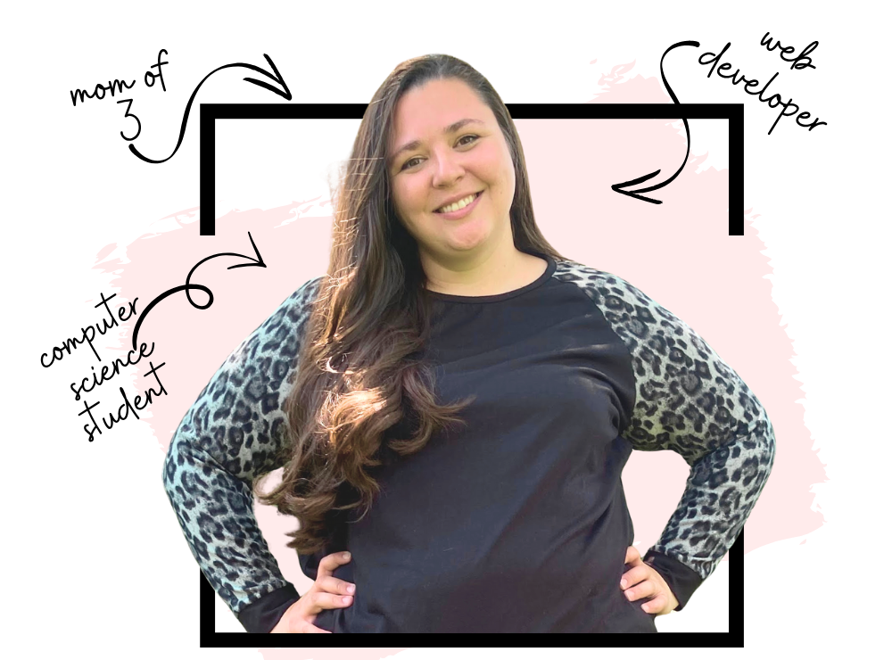 Breanna Jones, a woman with long brown hair, wearing a gray leopard print sweater, is smiling. Above her head are three arrows, with the text 'mom of 3, web developer, and computer science student.'